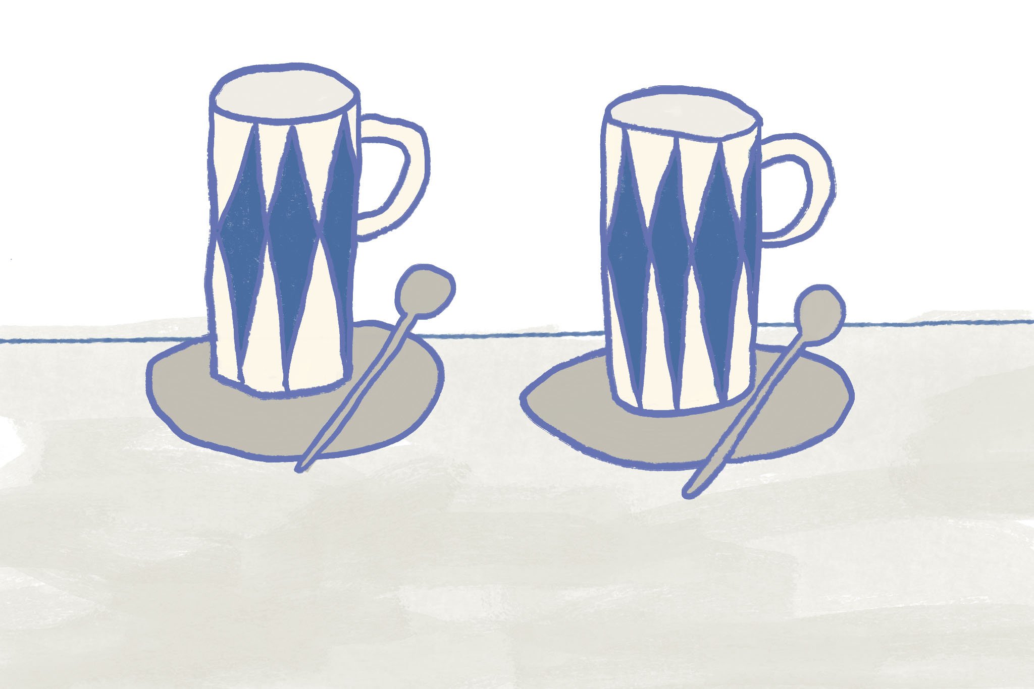 ダイヤ柄のカップに入った、ふたり分の食後のコーヒーのイラスト